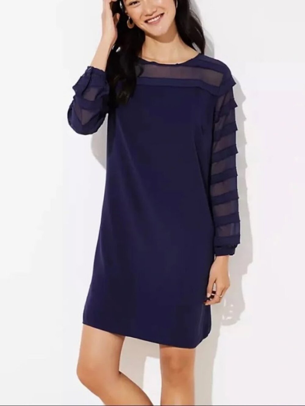 NWOT LOFT | Navy Blue Striped Sheer Yoke Long Sleeve Shift Dress 22